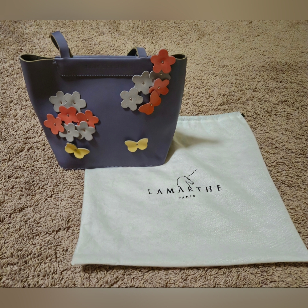 Lamarthe Paris Leather Lavender Tote Bag with Floral Accents - Picture 2 of 8